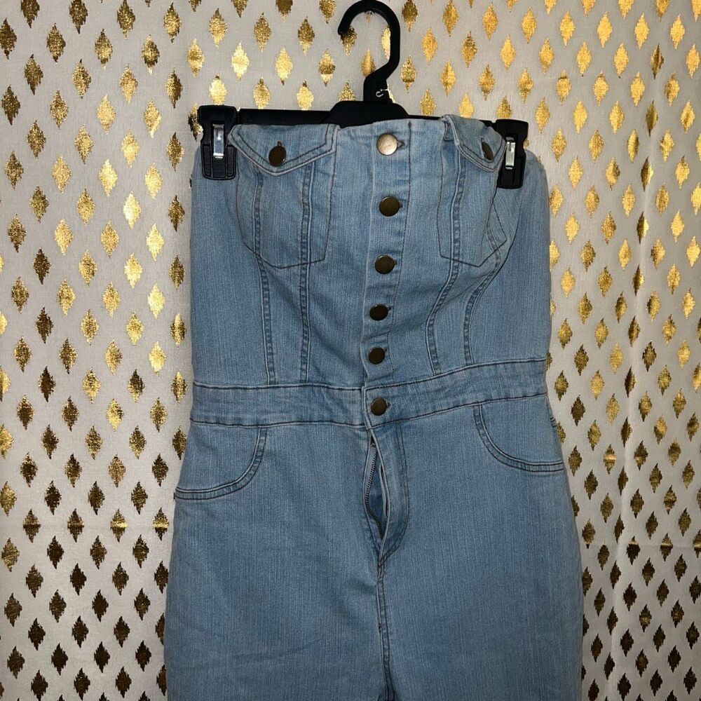 Blashe Denim jumpsuit romper broken zipper tube top skinny jeans size L